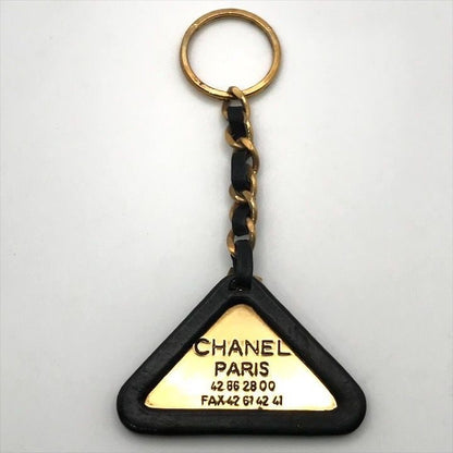 Chanel Logo Triangle Plate Leather Chain Key Ring Key Holder Gold Black