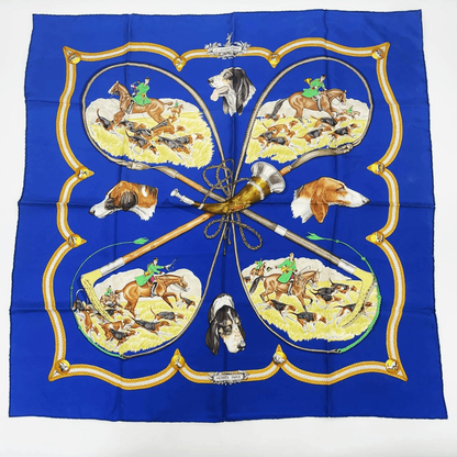 Hermes Carre 90 LE Laisser Courre Hound Blue 100% Silk Scarf