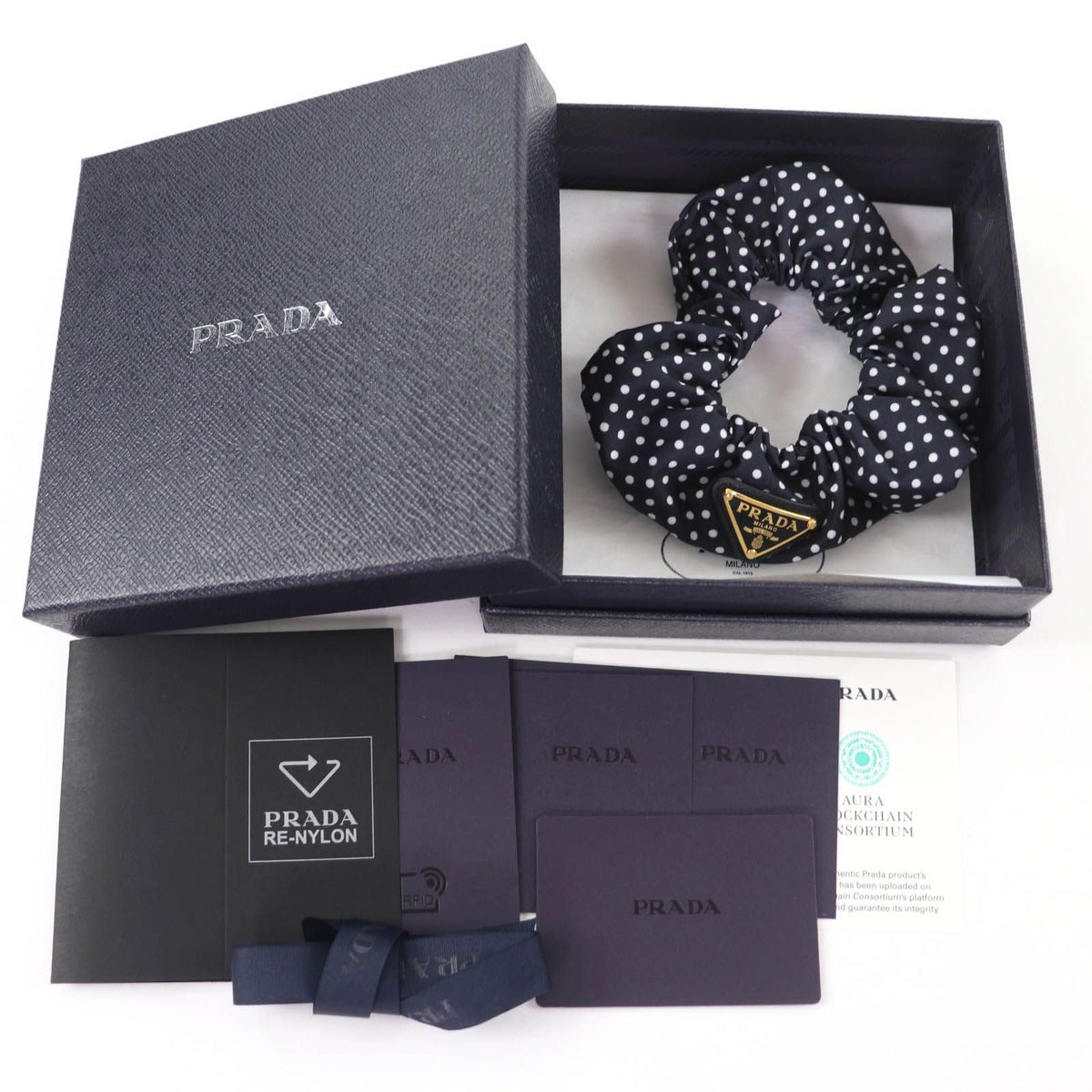 Prada Triangle Logo Plate Tessuto Dot Pattern Scrunchie Hair — view 2