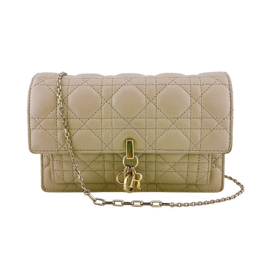 Dior Lady Logo Leather Wallet Chain Beige Handbag