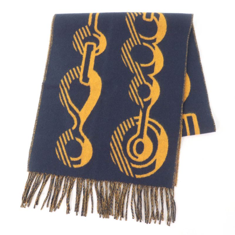 Hermes Dre Buckle Cashmere Echarpe Tisse Fringed Reversible Scarf Navy With Box