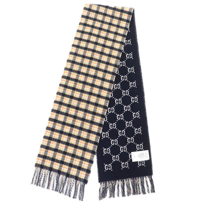 Gucci 597527) Wool 100 Checked GG Pattern Reversible Scarf Scarf With Fringe