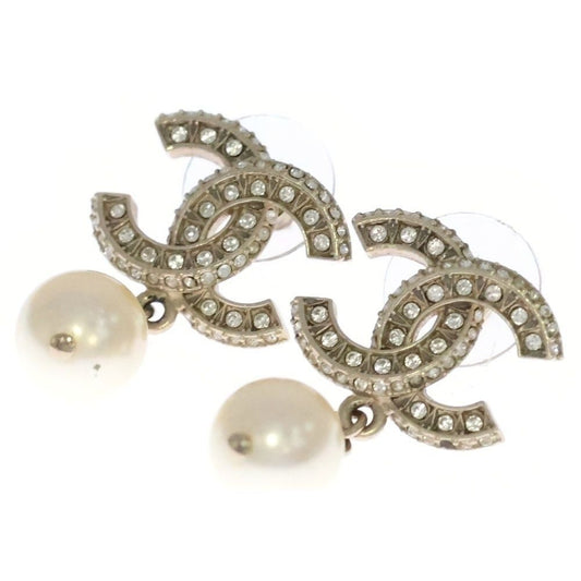 Chanel Pearl Logo Line Stone CC Earrings White Gold