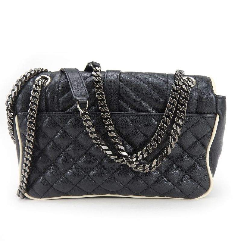 Saint Laurent Shoulder Bag Satchel Envelope Leather Black Ivory Silver Hardware