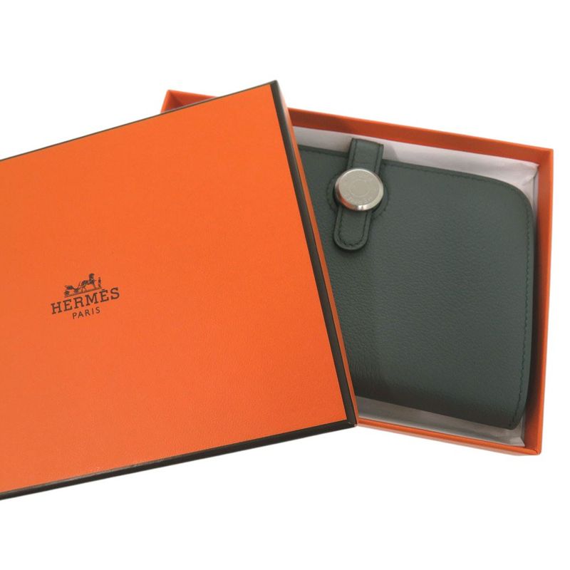 Hermes Dogon Compact Coin Case Leather Vert Amand Evercolor W Engraved 1193