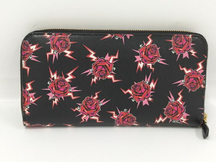Prada Round Zipper Long Wallet Rose Saffiano Leather Black 1ml506