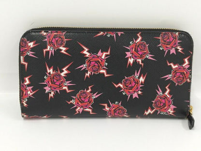 Prada Round Zipper Long Wallet Rose Saffiano Leather Black 1ml506