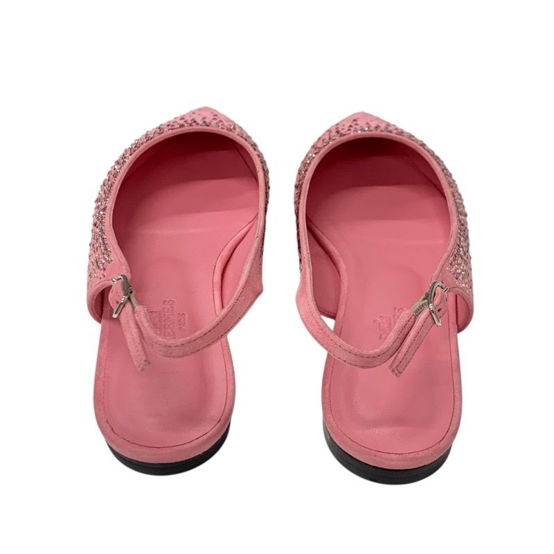 Hermes Flat Shoes Suede Pink Unused Ring Back Rhinestone