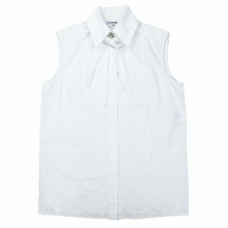 Chanel P63258v48585 Bow Tie Sleeveless Coco Mark Button Blouse Top White Size S