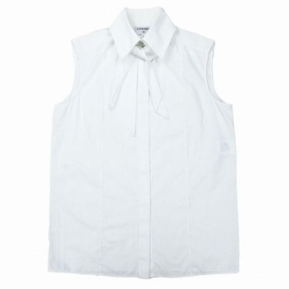 Chanel P63258v48585 Bow Tie Sleeveless Coco Mark Button Blouse Top White Size S