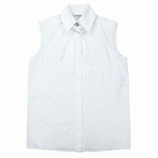Chanel P63258v48585 Bow Tie Sleeveless Coco Mark Button Blouse Top White Size S