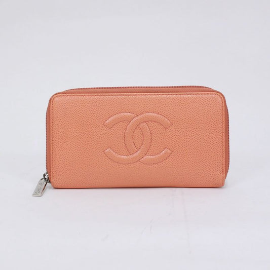 Chanel Coco Mark Round Zip Wallet Caviar Leather Orange Silver