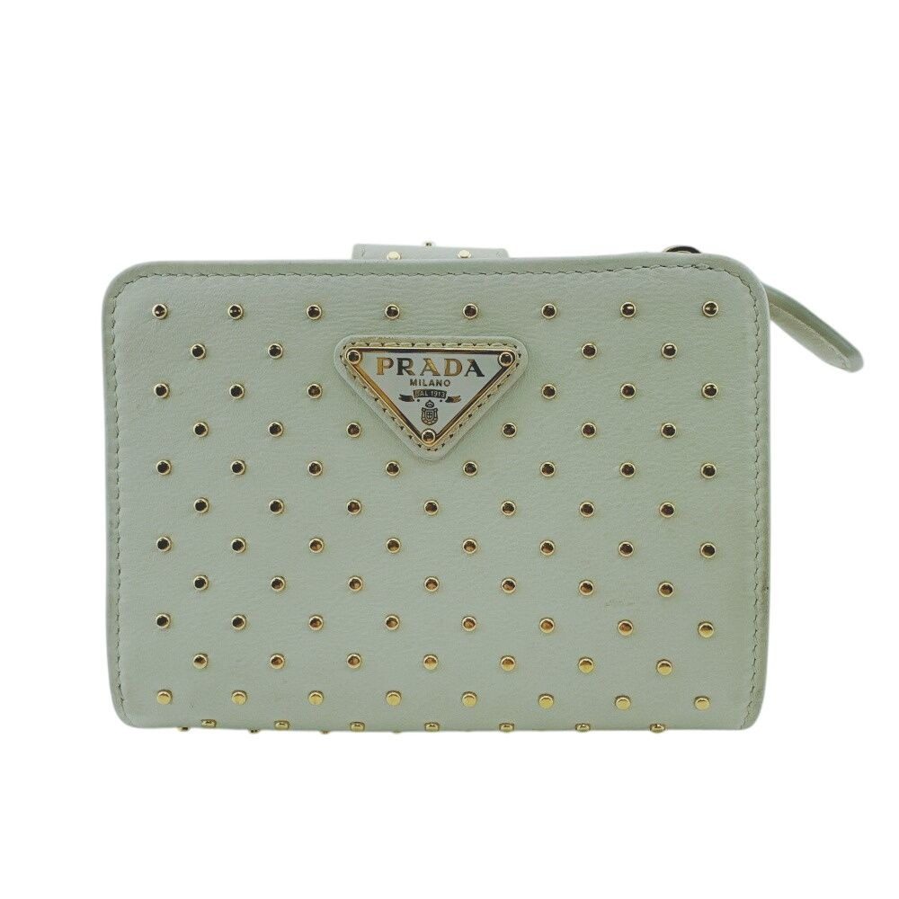 Prada Studded Compact Wallet Leather Bifold White