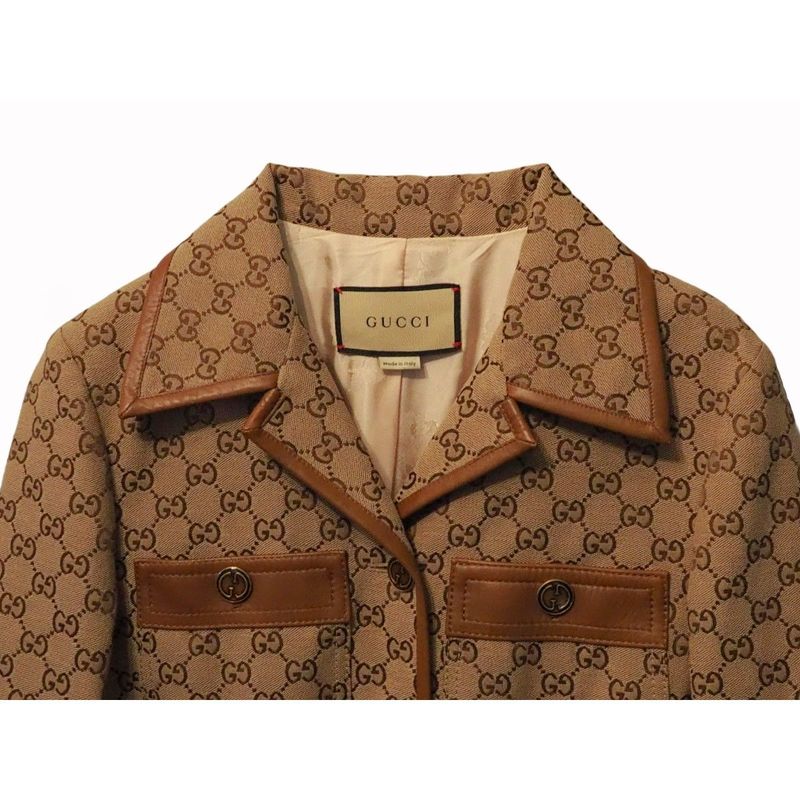 Gucci GG Canvas Jacket Web Stripe with Belt Women's Outerwear Leather Trim