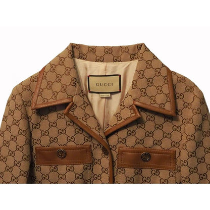 Gucci GG Canvas Jacket Web Stripe with Belt Women's Outerwear Leather Trim