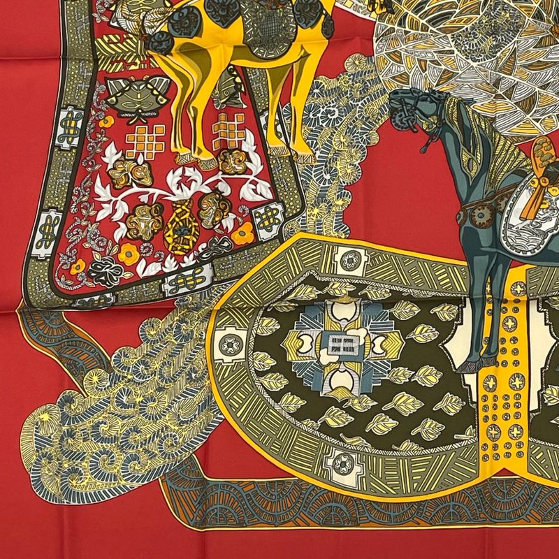 Hermes Carre 90 ART Des Steppes Step Art Horse Scarf Silk Red