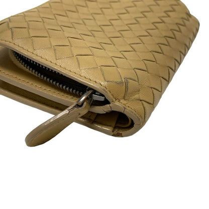 Bottega Veneta Intrecciato Beige Round Zipper Leather Bifold Wallet