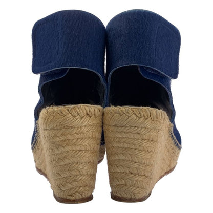 Celine Leather Espadrille Wedge Sole Sandals - 35 - Navy Beige - Women's