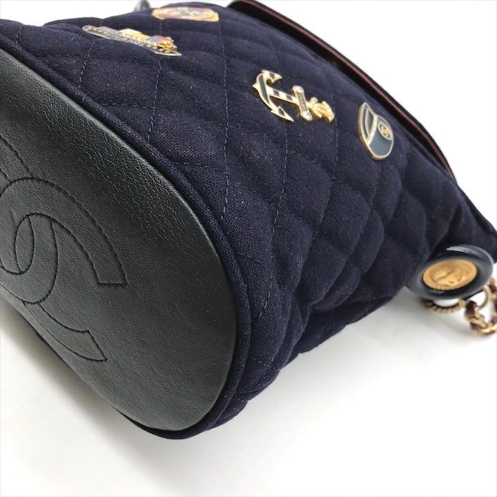 Chanel CC Logo Cotton Jersey Quilted Paris Hamburg 2-Way Chain Shoulder Bag Navy