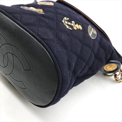 Chanel CC Logo Cotton Jersey Quilted Paris Hamburg 2-Way Chain Shoulder Bag Navy