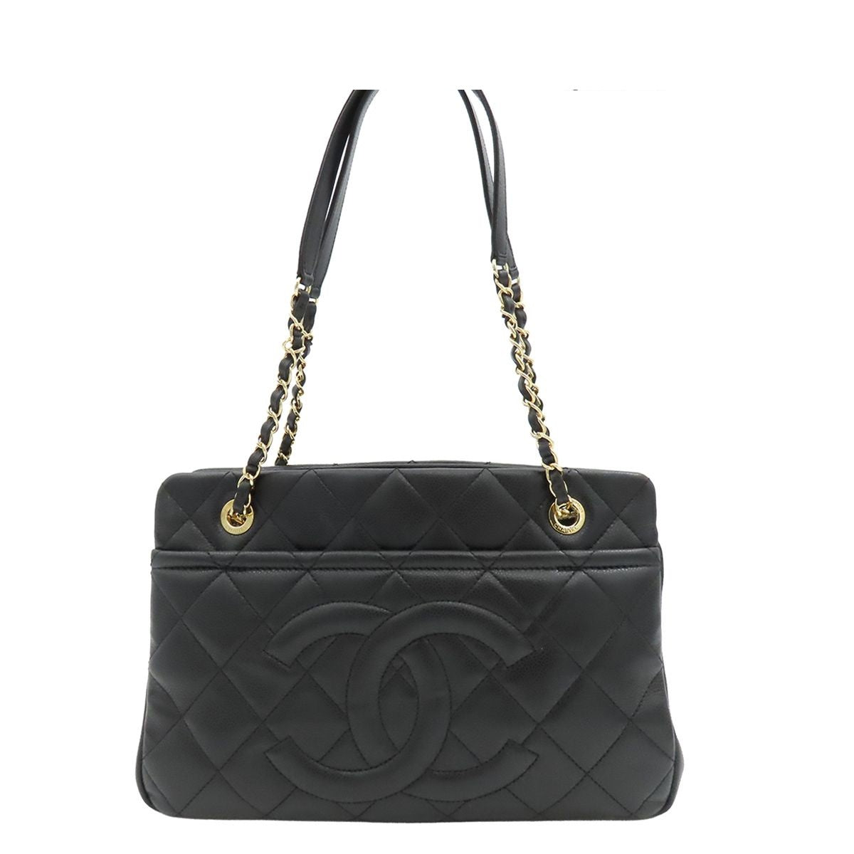 Chanel Chain Tote Bag Black Caviar Leather Quilted CC Logo