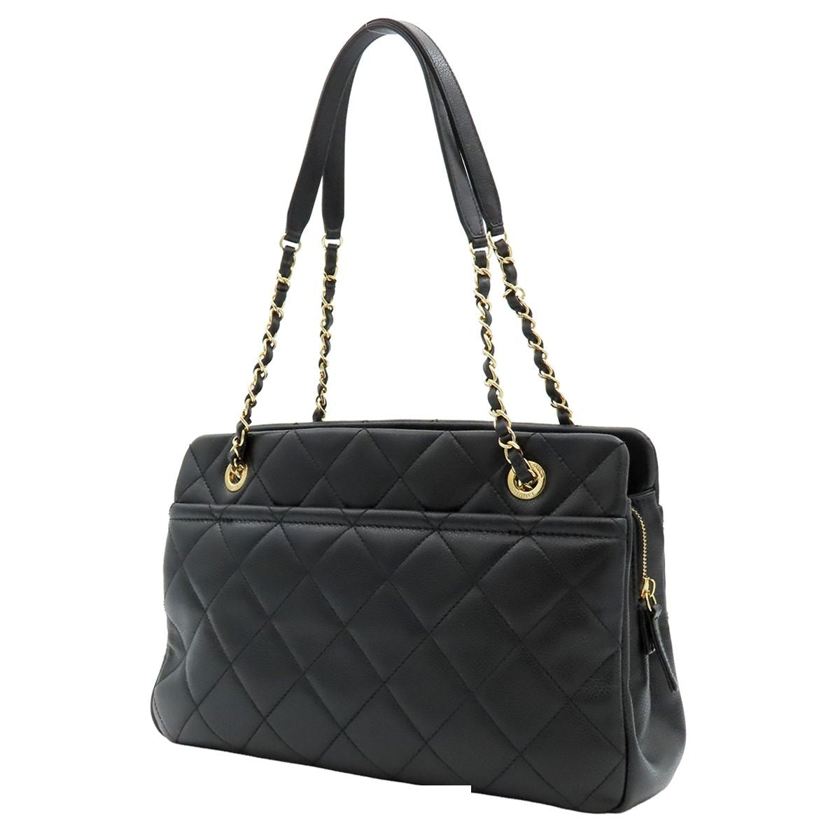 Chanel Chain Tote Bag Black Caviar Leather Quilted CC Logo — view 2