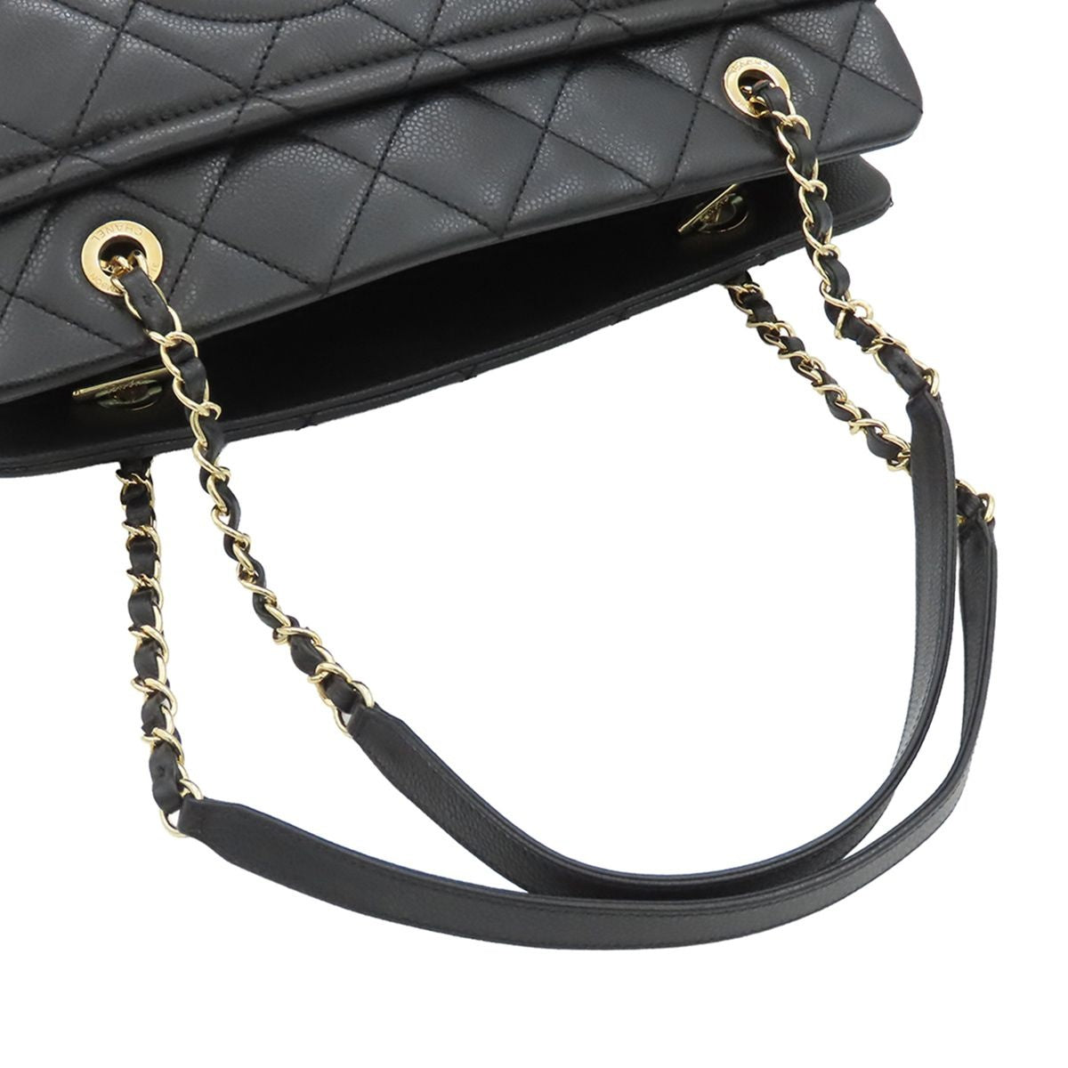 Chanel Chain Tote Bag Black Caviar Leather Quilted CC Logo — view 4