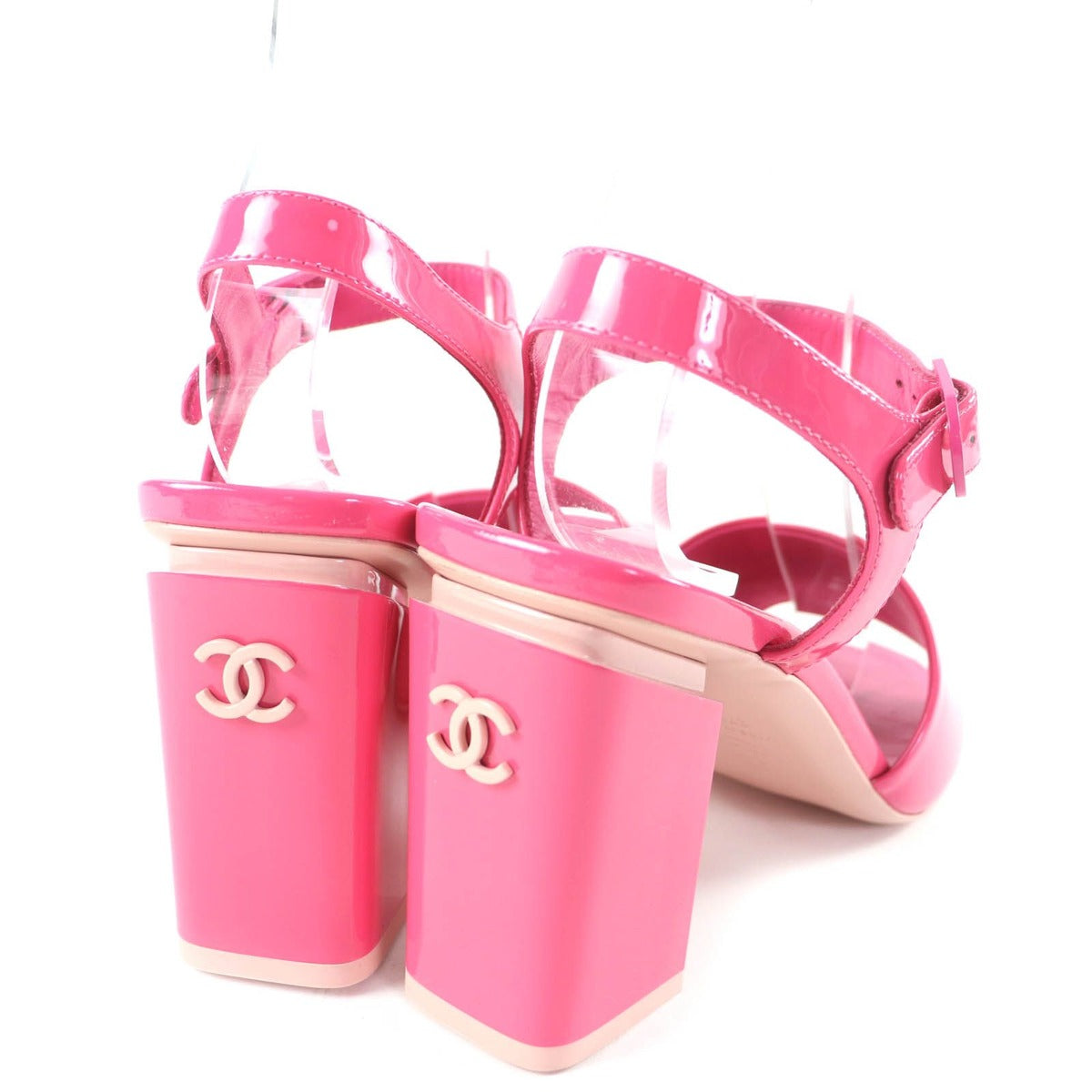 Chanel CC Logo Ankle Strap Chunky Heel Patent Leather Sandals Pink — view 2