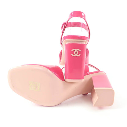 Chanel CC Logo Ankle Strap Chunky Heel Patent Leather Sandals Pink — view 6