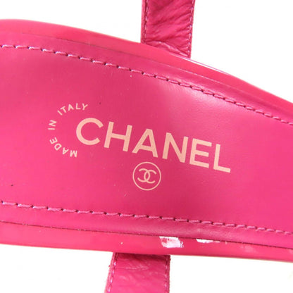 Chanel CC Logo Ankle Strap Chunky Heel Patent Leather Sandals Pink — view 10