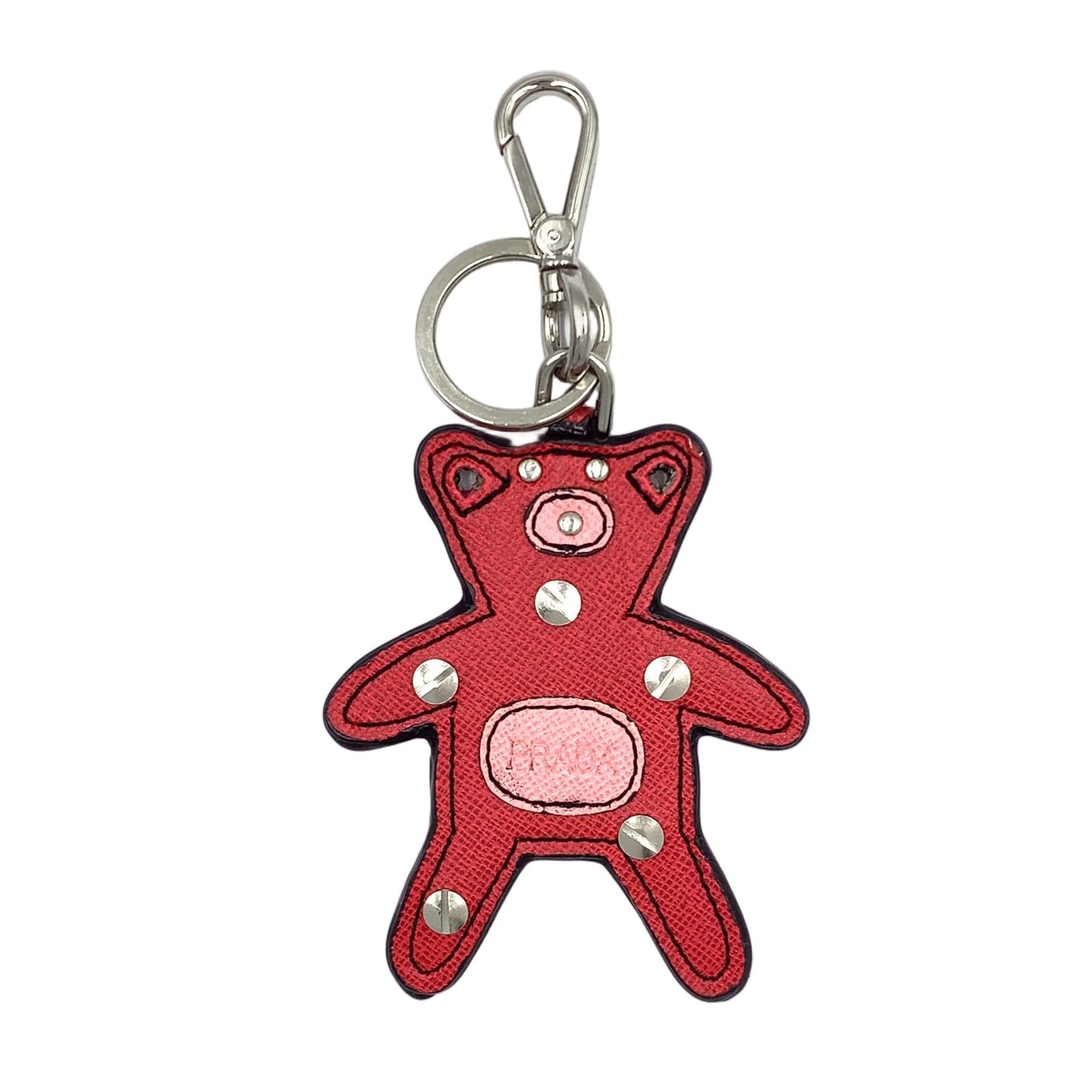 Prada Saffiano Leather Bear Bag Charm Metal Pink Red Key Holder Silver