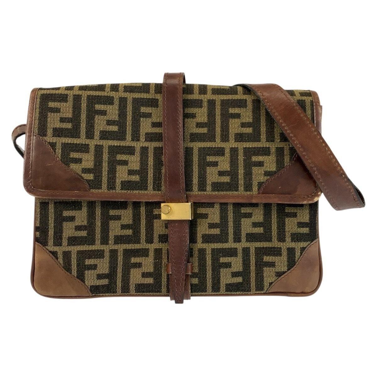 Fendi Vintage Zucca Brown Gold Canvas Leather Shoulder Bag Pochette