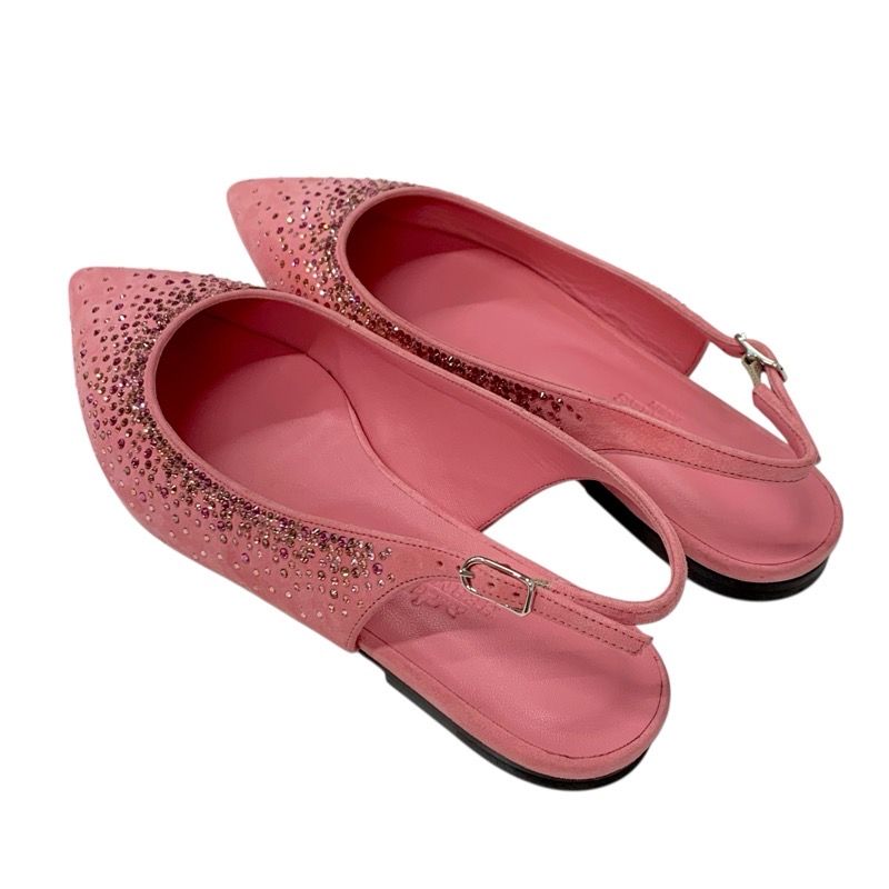 Hermes Flat Shoes Suede Pink Unused Ring Back Rhinestone