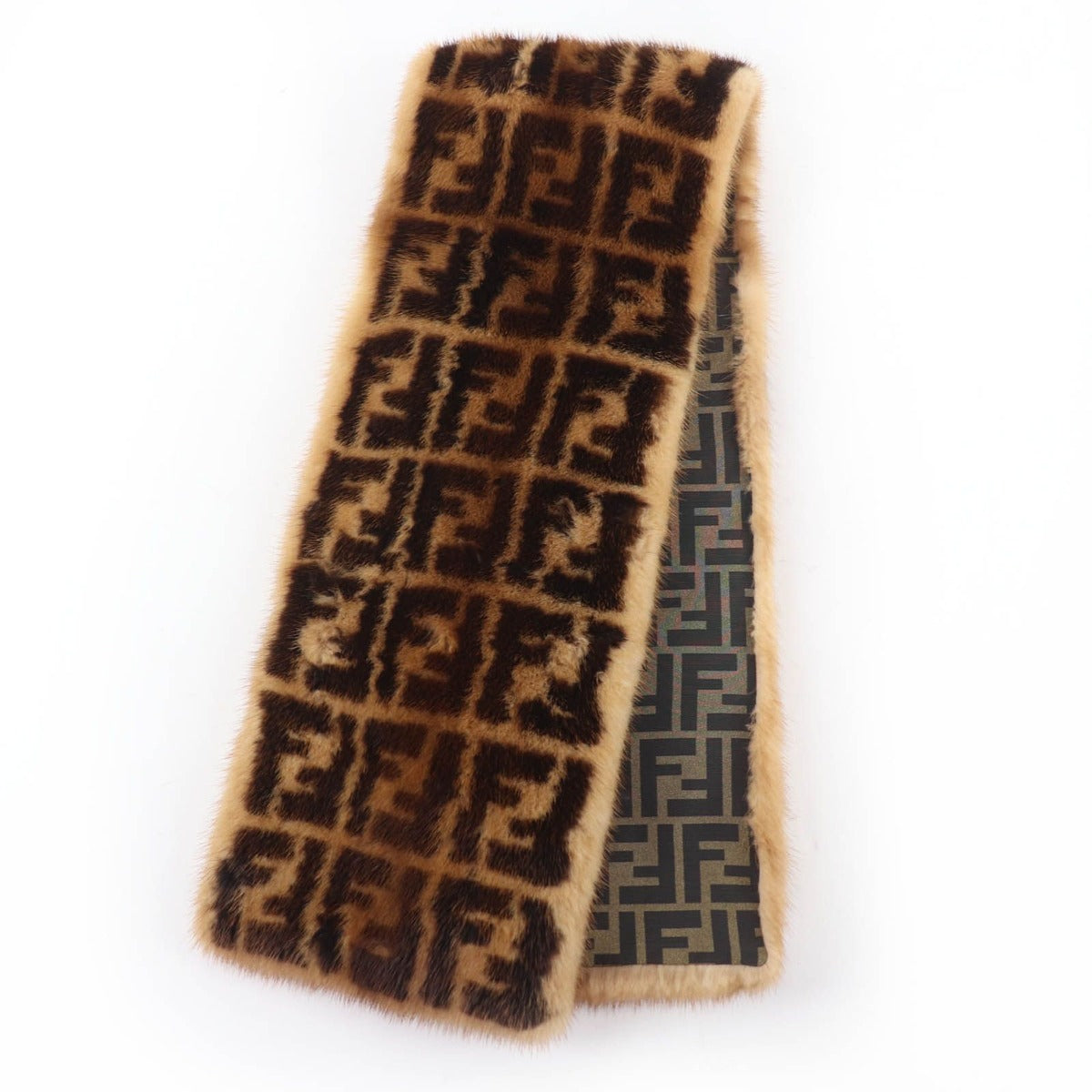 Fendi FF Logo Zucca Pattern Charm Mink Tippet Shawl Brown