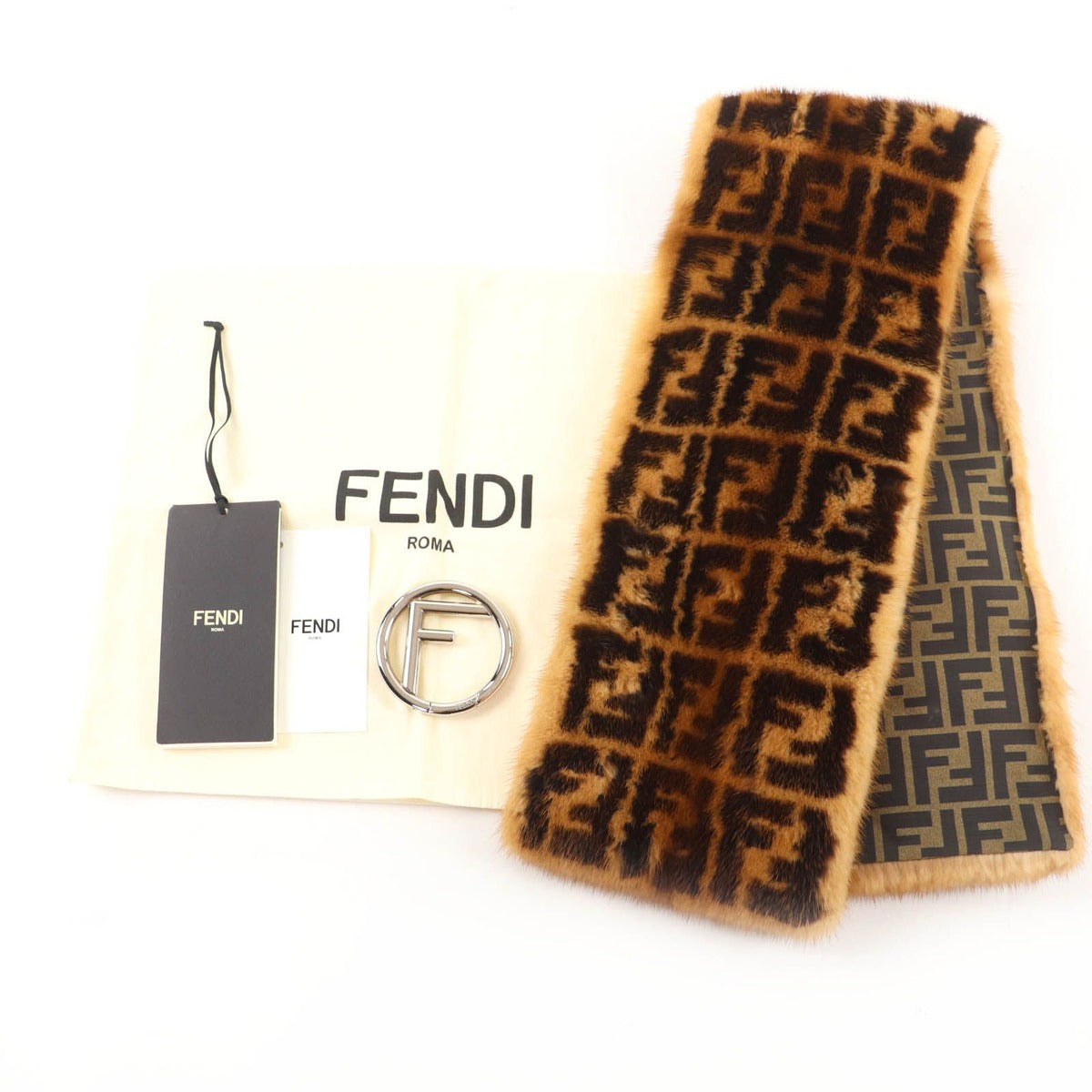 Fendi FF Logo Zucca Pattern Charm Mink Tippet Shawl Brown — view 2
