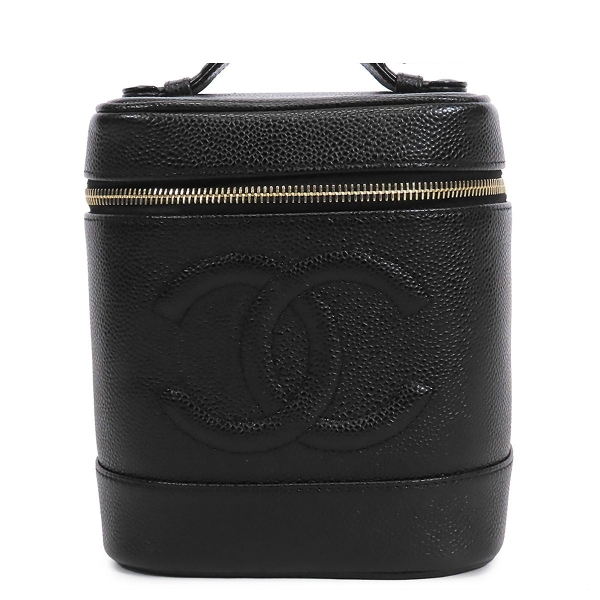 Chanel Vanity Bag Black Gold Caviar Leather CC Logo Handbag