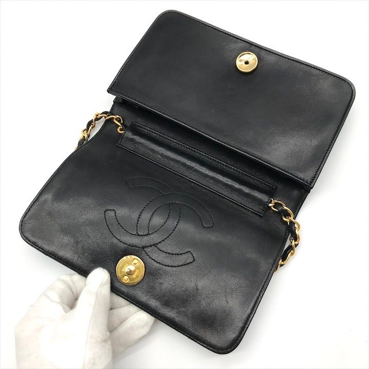 Chanel CC Logo Push Lock Mini Quilted Lambskin Chain Shoulder Bag Black