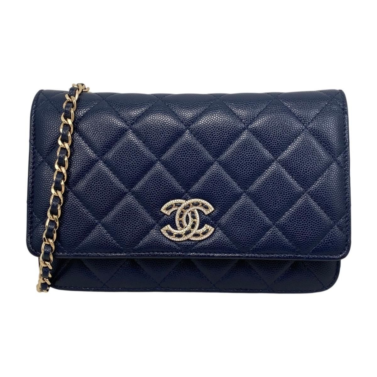 Chanel Shoulder Bag Chain Wallet Quilted Caviar Leather CC Logo Navy Gold