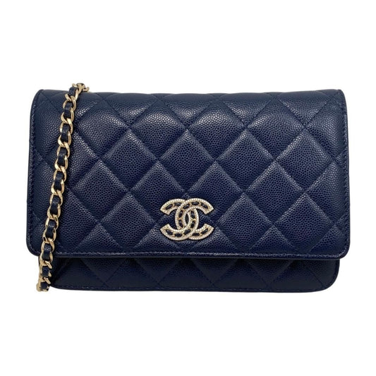 Chanel Shoulder Bag Chain Wallet Quilted Caviar Leather CC Logo Navy Gold