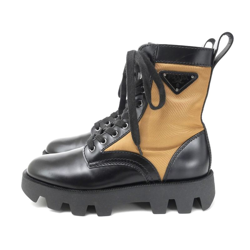 Prada Boots Size 6 Triangle Logo Combat Boots Leather Shoes Made In Italy