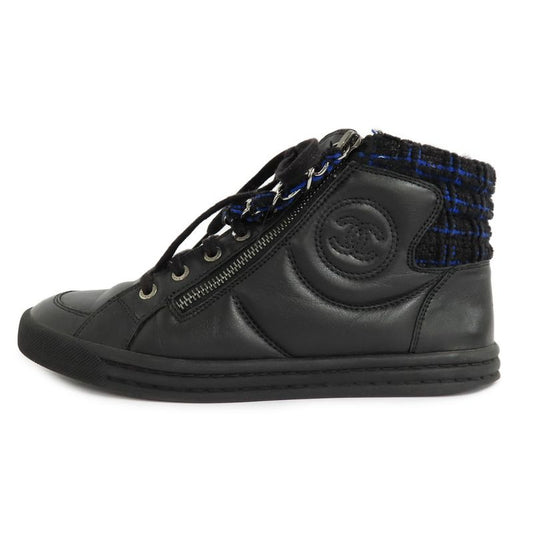 Chanel High Cut Sneakers Chain Double Zip 37 Coco Mark Black Leather