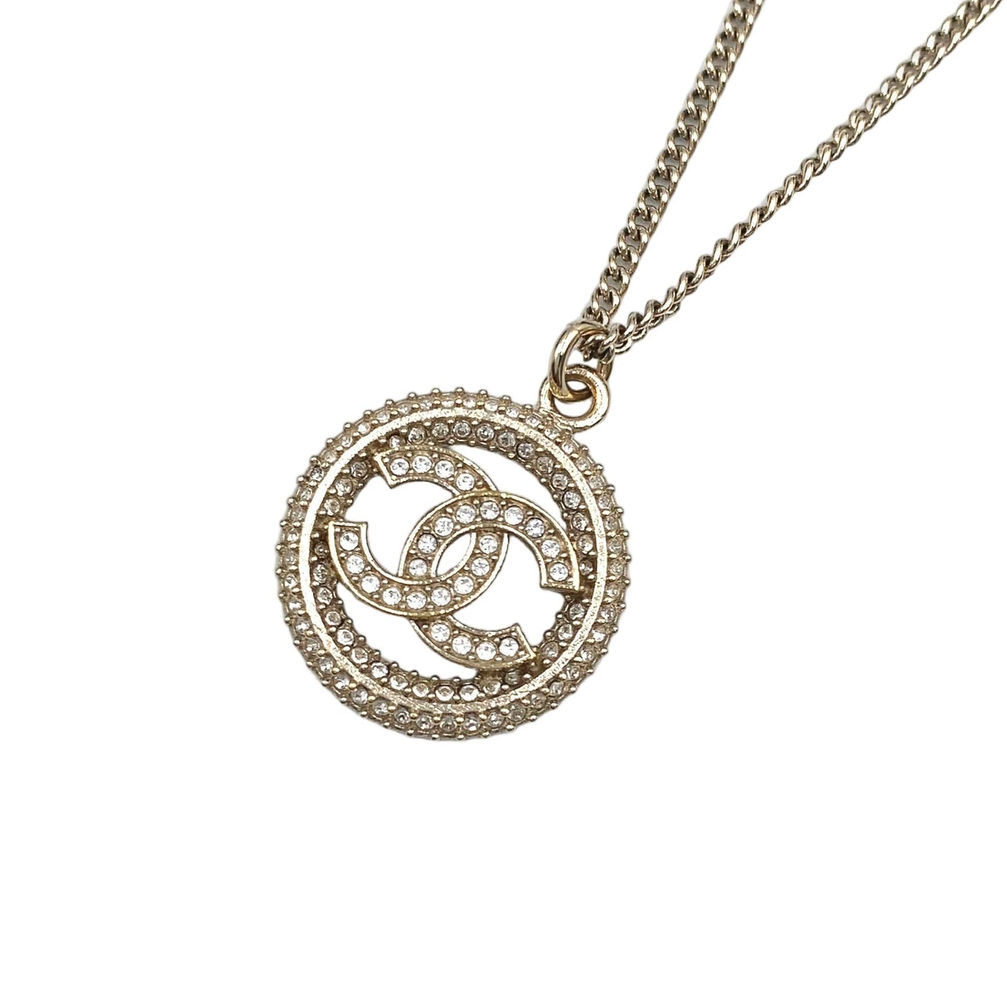 Chanel CC Logo Rhinestone Metal Color Stone Clear Gold Necklace