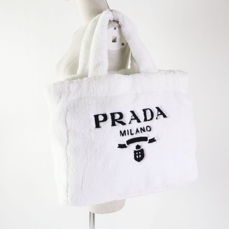 Prada 1bg130 Spugna Bianco NERO Terry Tote Bag White Black TU Storage With Bag