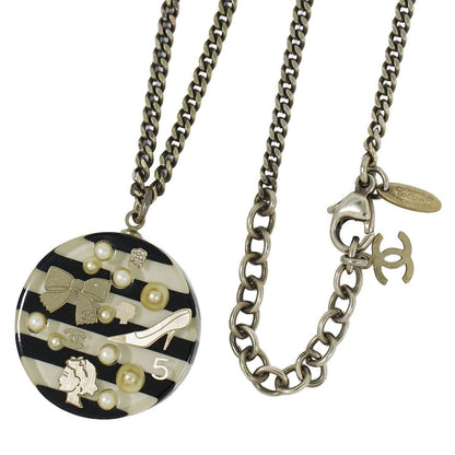 Chanel CC Logo Reversible Necklace Pendant Metal Silver Black White