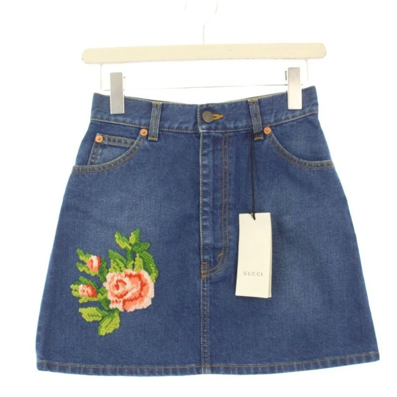 Gucci Flower Embroidery Denim Skirt Trapezoid Mini 38 Blue KH