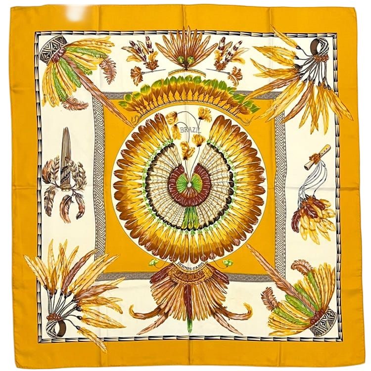 Hermes Scarf Carre 90 Brazil Silk 100% Yellow Vintage