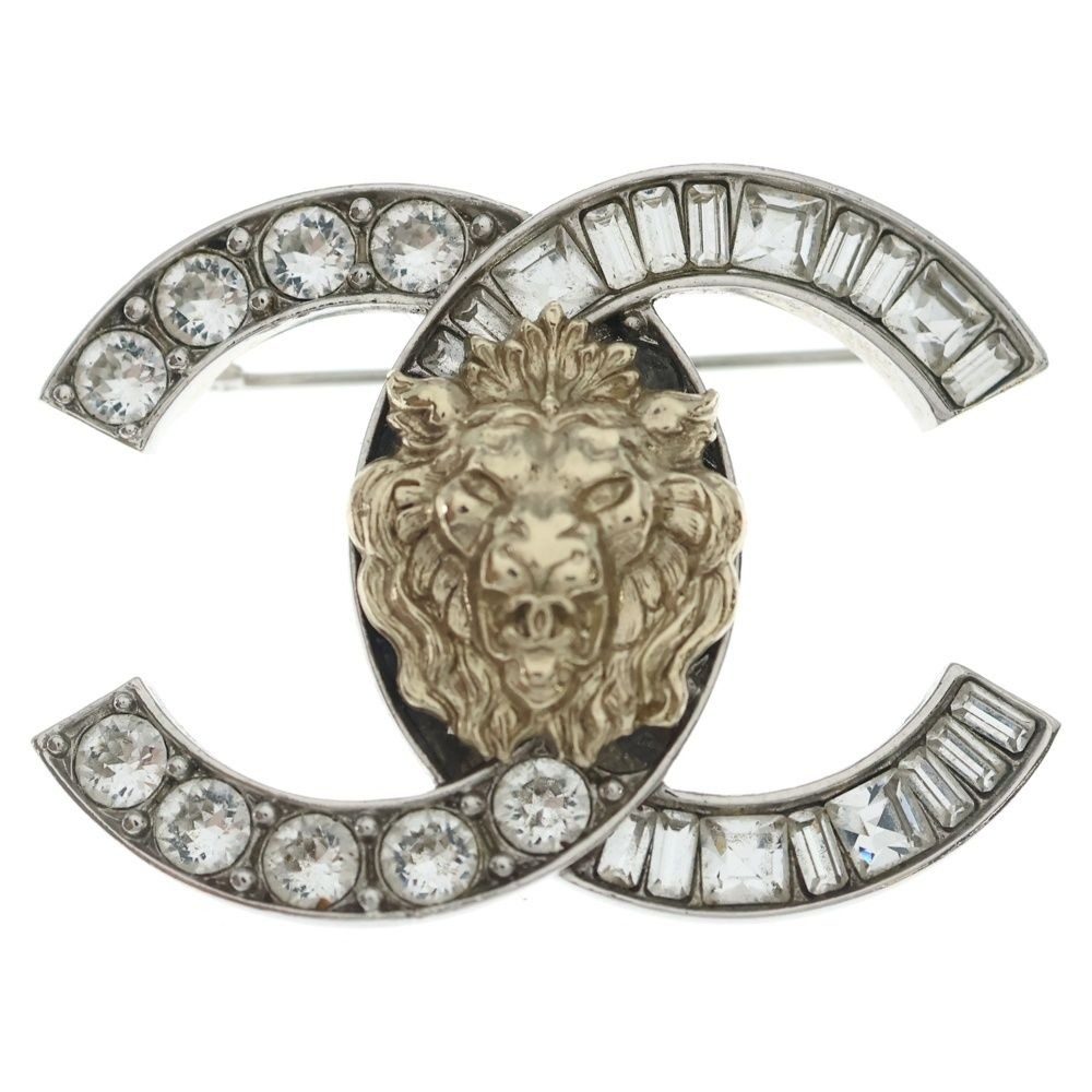 Chanel CC Logo Line Stone Lion Brooch Silver