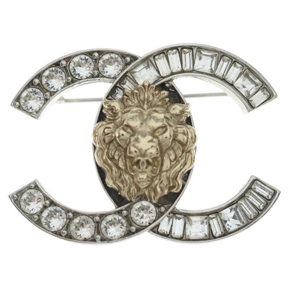 Chanel CC Logo Line Stone Lion Brooch Silver