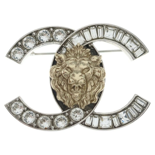 Chanel CC Logo Line Stone Lion Brooch Silver