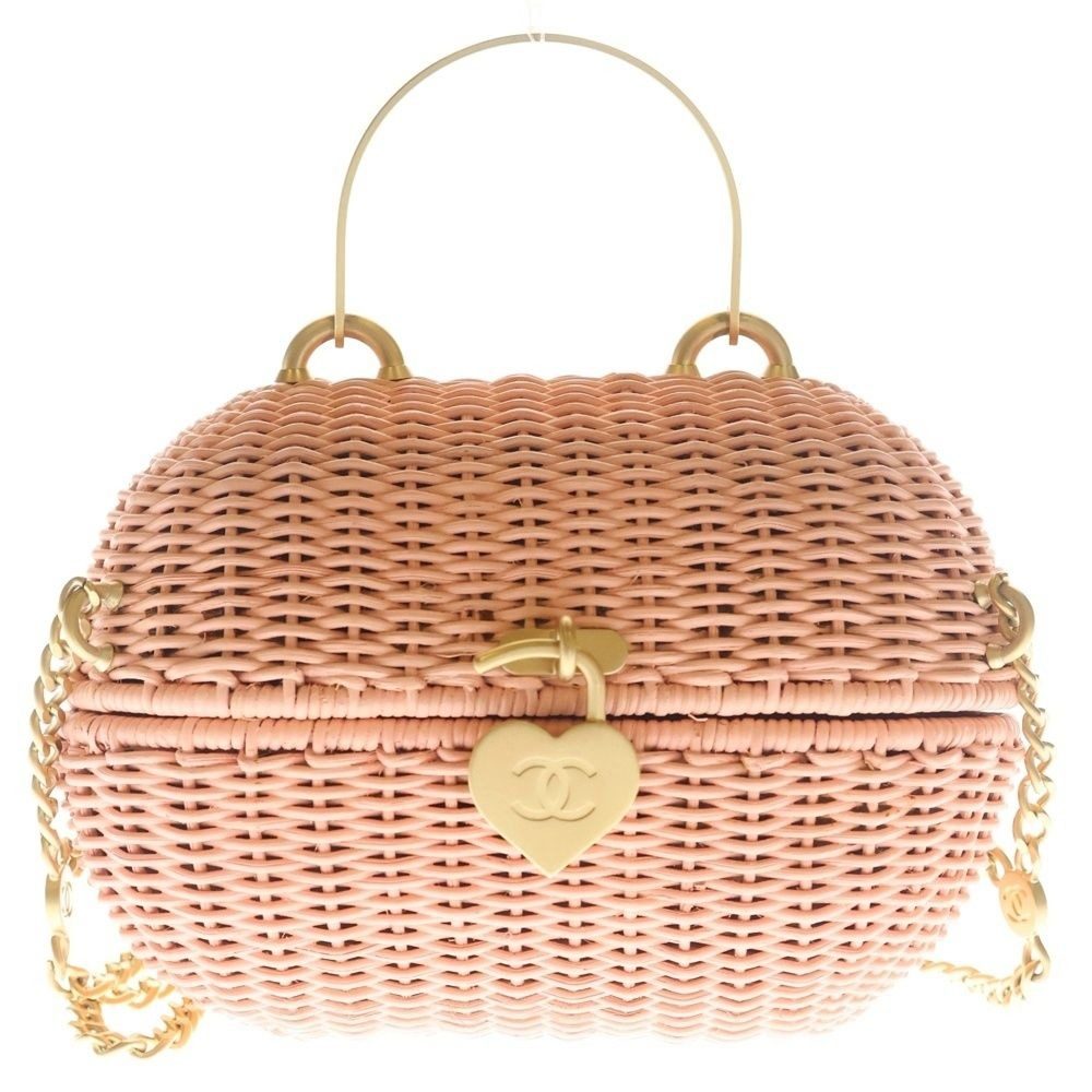 Chanel Heart Lock 2-Way Chain Mini Shoulder Bag Basket Pink Rattan Gold
